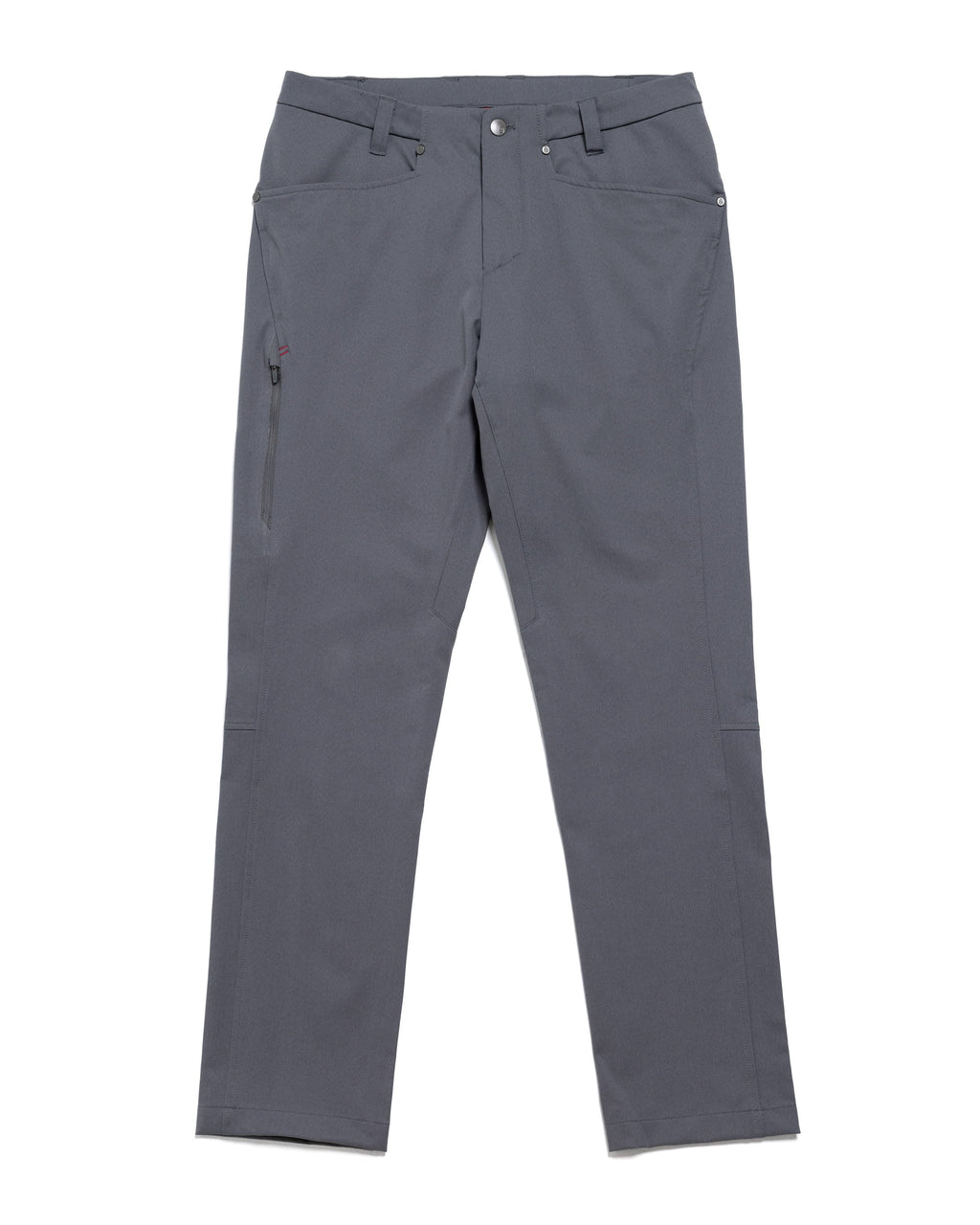 Charcoal chino pants flat front view with belt loops, button closure, and straight hems