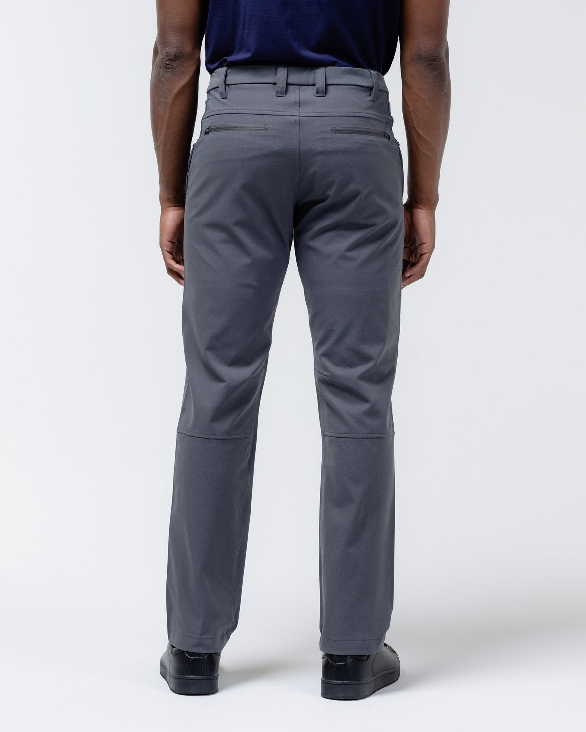 Charcoal chino pants back view with belt loops and straight-leg silhouette