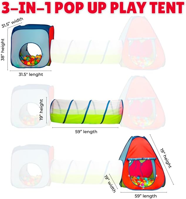3-in-1 pop-up play tent tunnel and ball pit, red/blue fabric with green interior