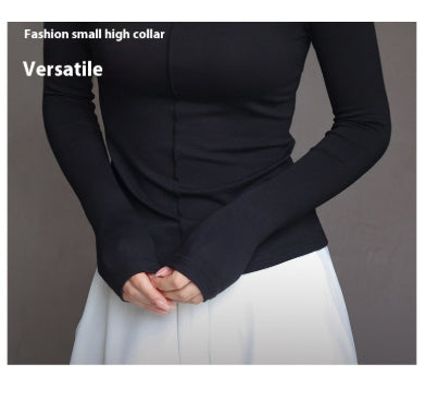 Women’s modal half-turtleneck top with short collar, front zip, long sleeves, black
