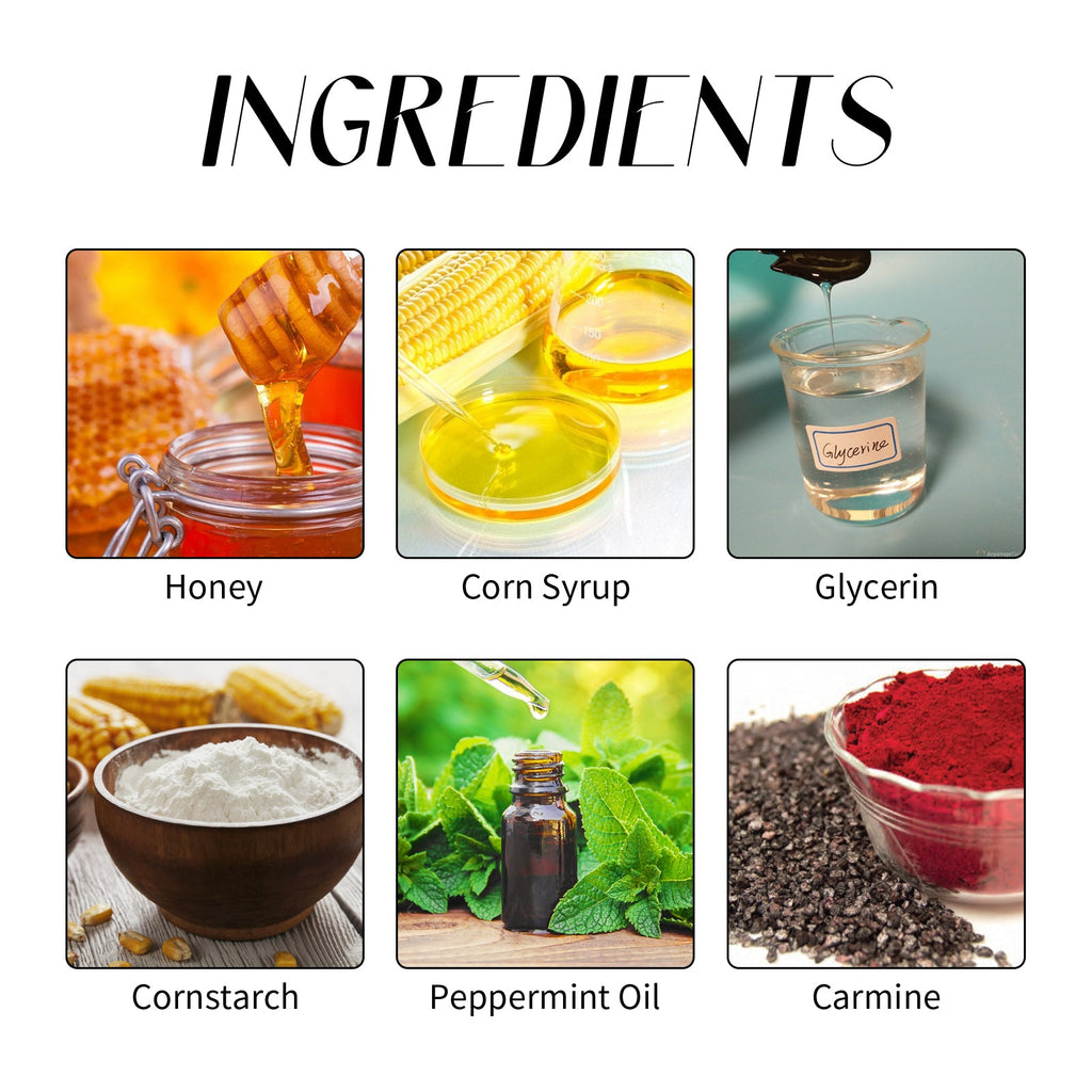 Ingredient collage for fake blood formula with honey, syrup, glycerin, and powder