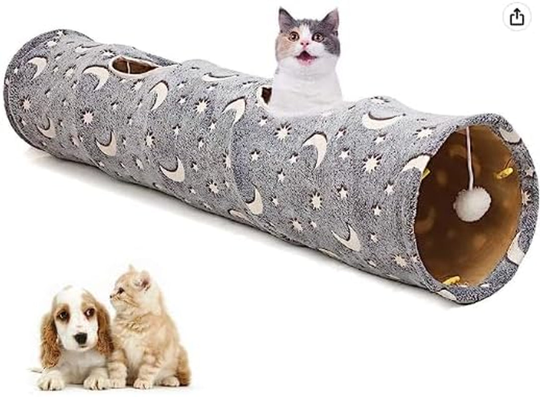 Gray cat tunnel with moon and star print, peek-through openings, and hanging plush ball