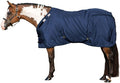 Navy horse stable sheet with front buckles and full-coverage blanket fit