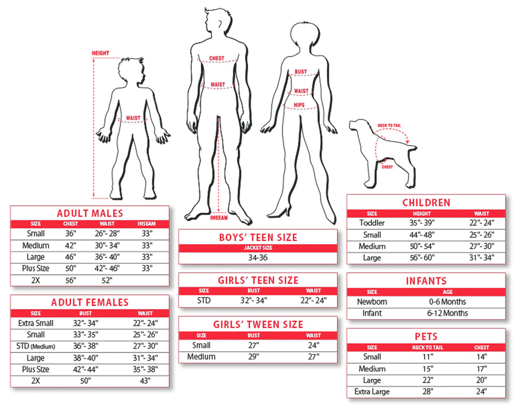 Costume size chart with height, chest, waist, and neck measurements for kids and adults