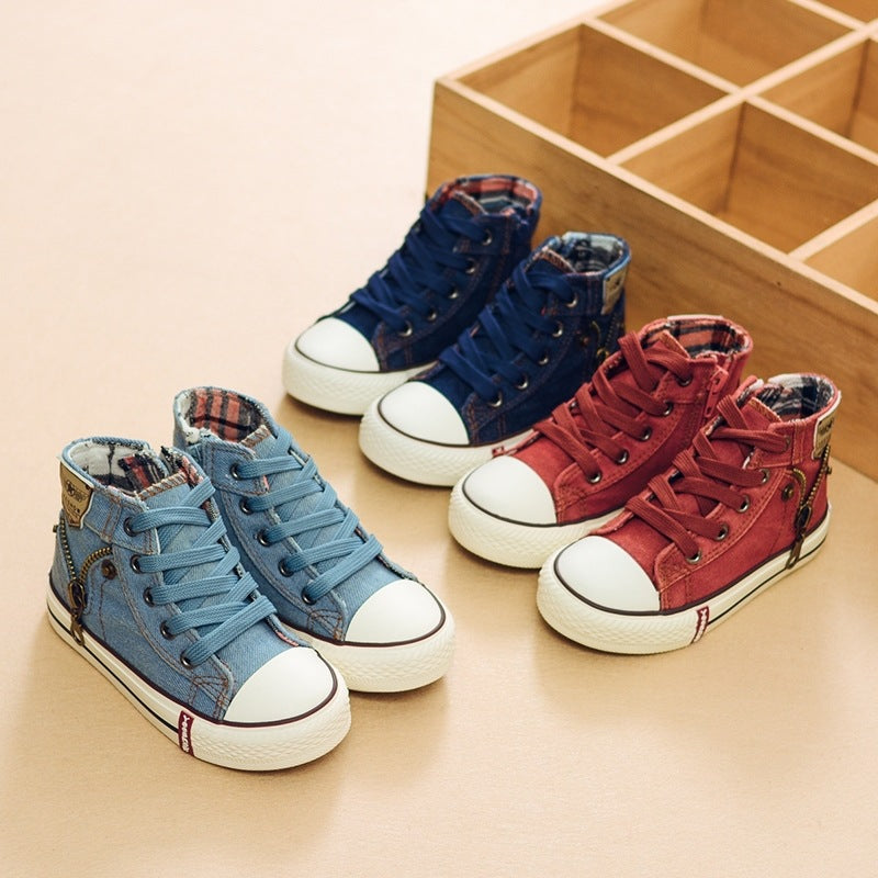 Children's high-top canvas sneakers in light blue, navy blue, and red with lace-up