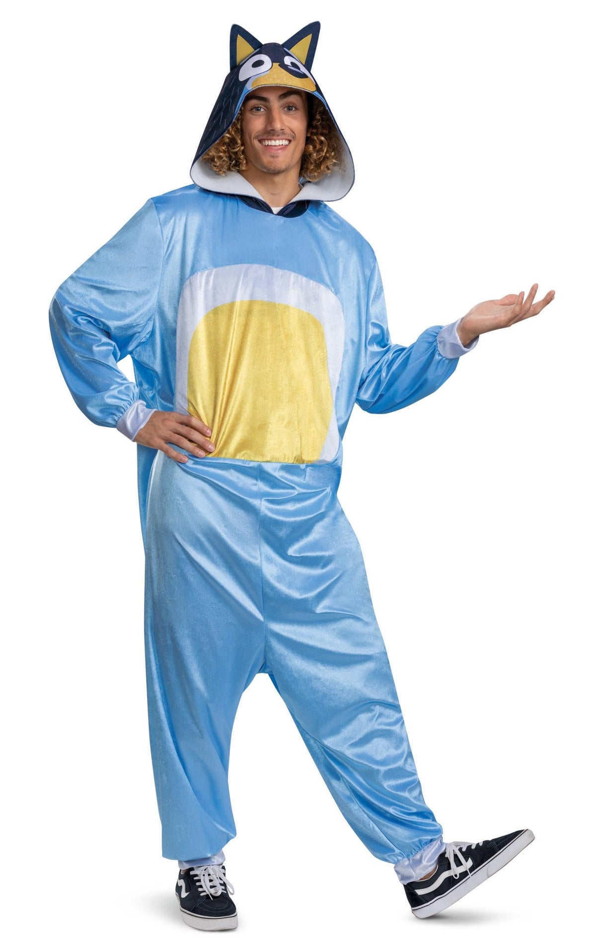 Adult blue hooded cat-ear jumpsuit costume with yellow belly panel, front view