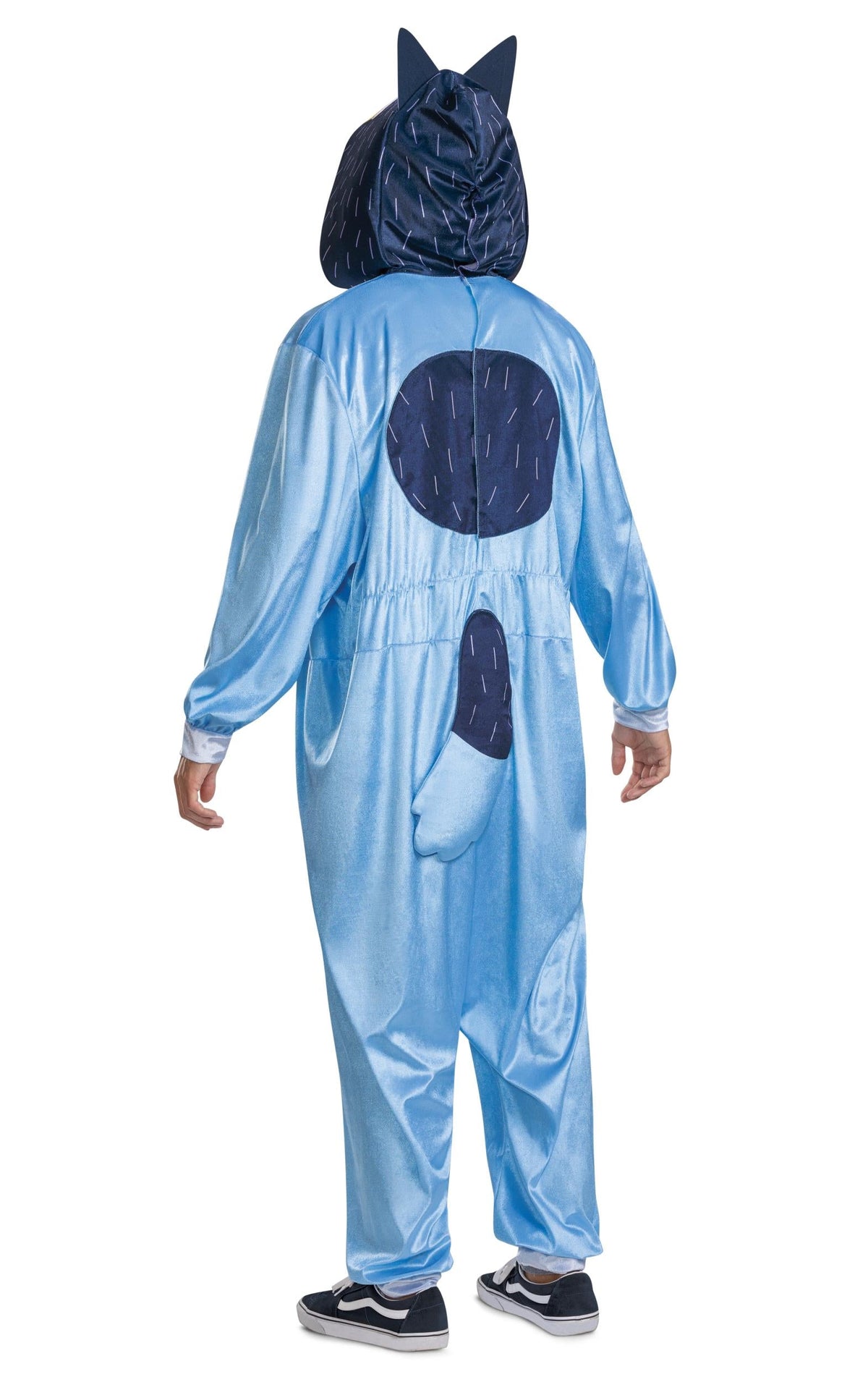 Adult blue hooded cat-ear jumpsuit costume with dark back graphic, back view