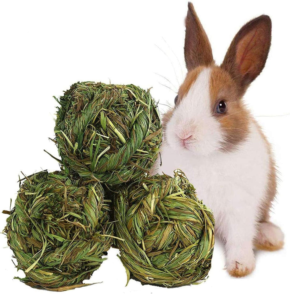 Three green-brown timothy grass chew balls beside a rabbit
