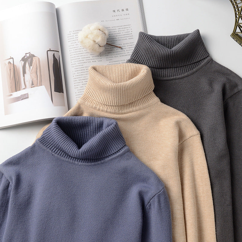 Mens turtleneck sweaters in navy, beige, and charcoal gray