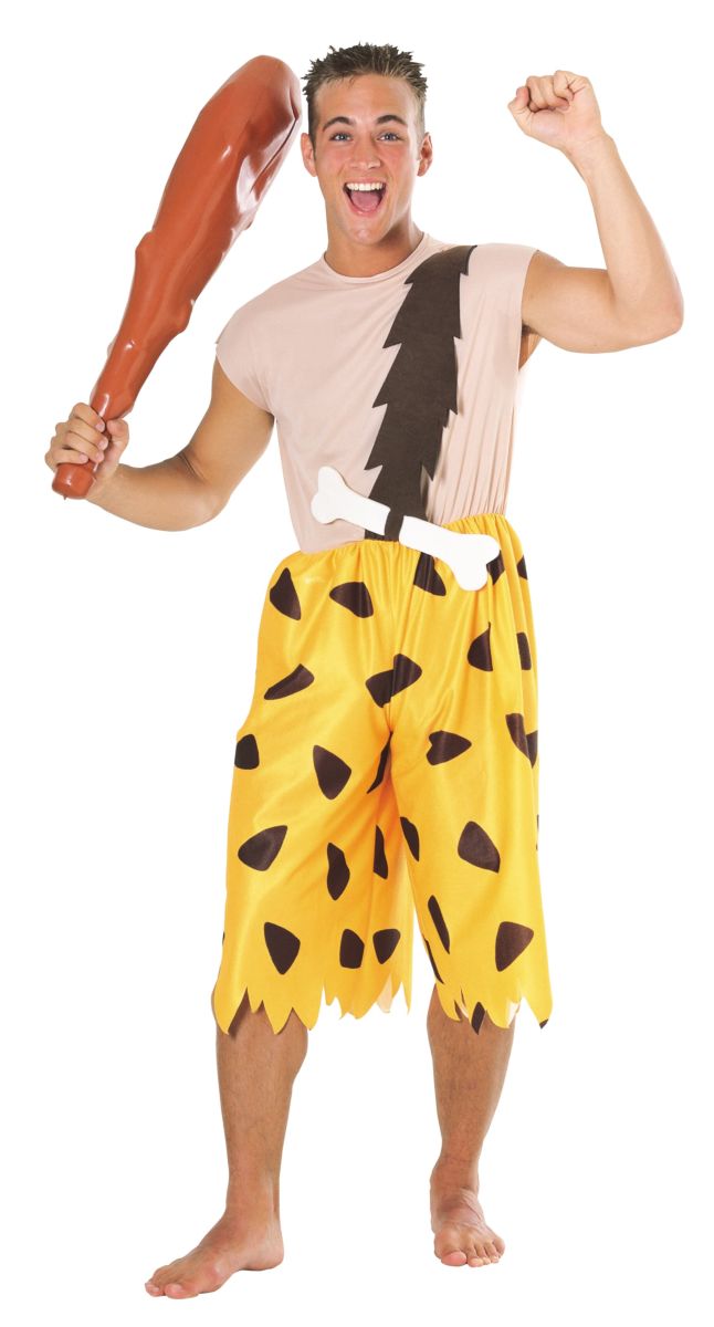 Adult Bamm-Bamm costume: white zigzag shirt, black belt, yellow spotted skirt/shorts