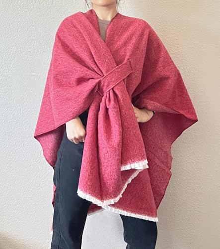 Rose pink open-front fringe poncho with front tie and poncho cape drape