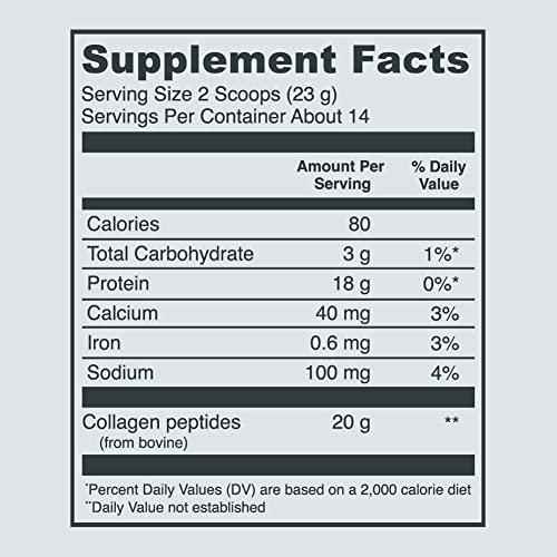 Supplement Facts panel with protein, calcium, iron, sodium, and collagen peptides amounts