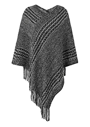 Women's V-neck striped knitted poncho sweater in dark gray with long fringe tassels