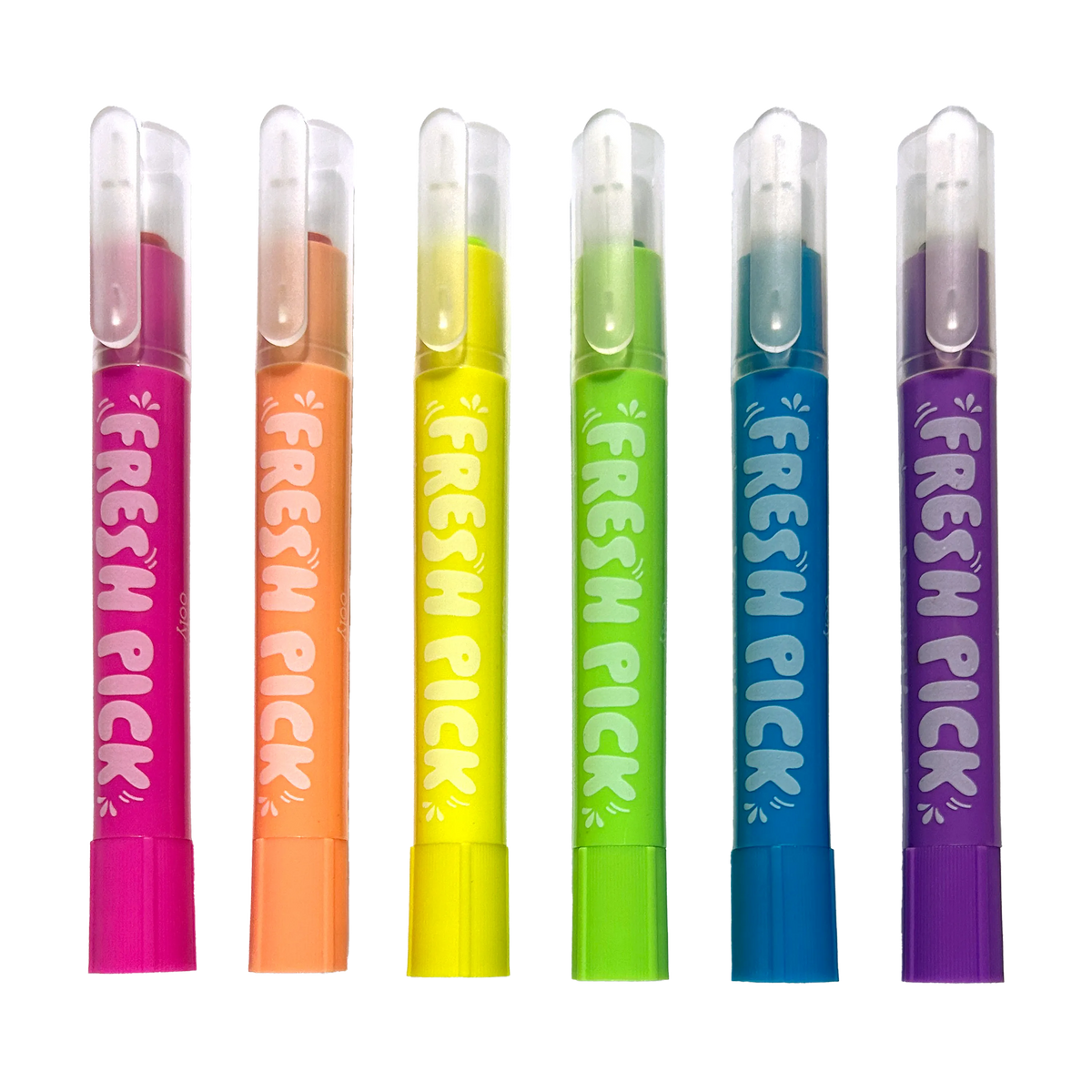 6 neon gel crayons standing upright in purple, blue, green, yellow, orange and pink