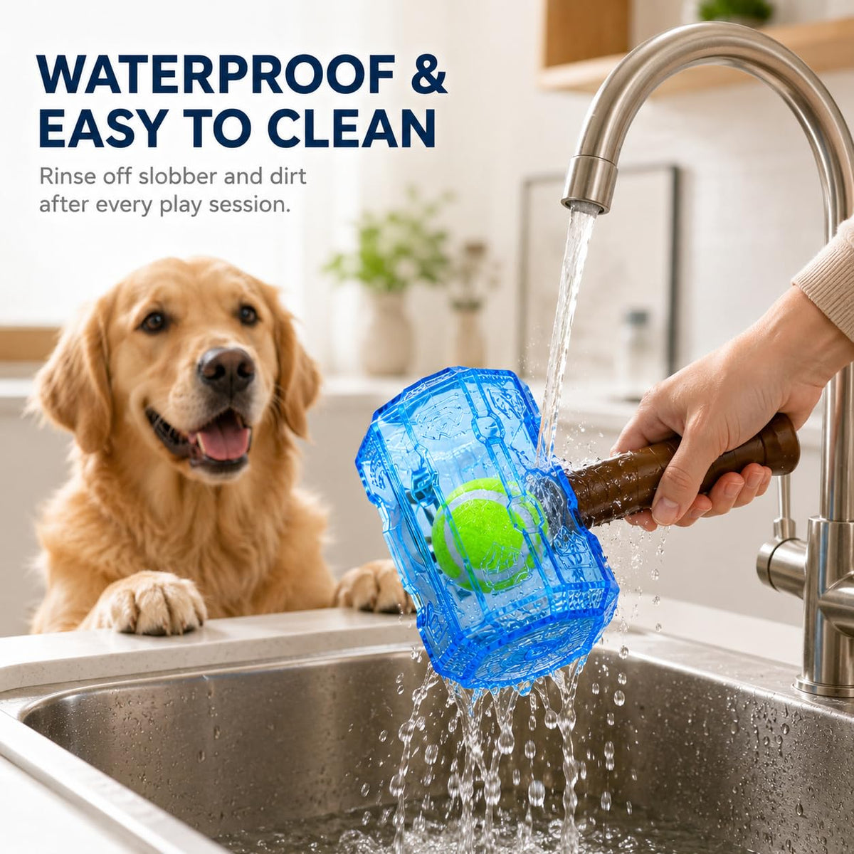 Blue waterproof tennis ball bottle dog chew toy with brown handle and green tennis ball
