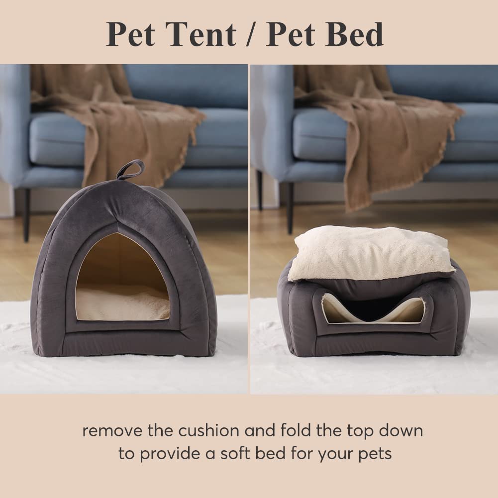 Soft cat tent bed with cushion removed, showing inner beige pad
