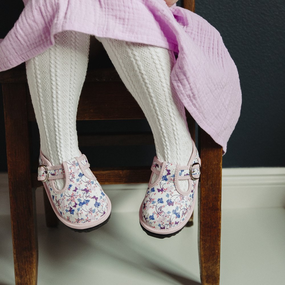Pink floral toddler Mary Jane shoes with easy-on strap and light sole