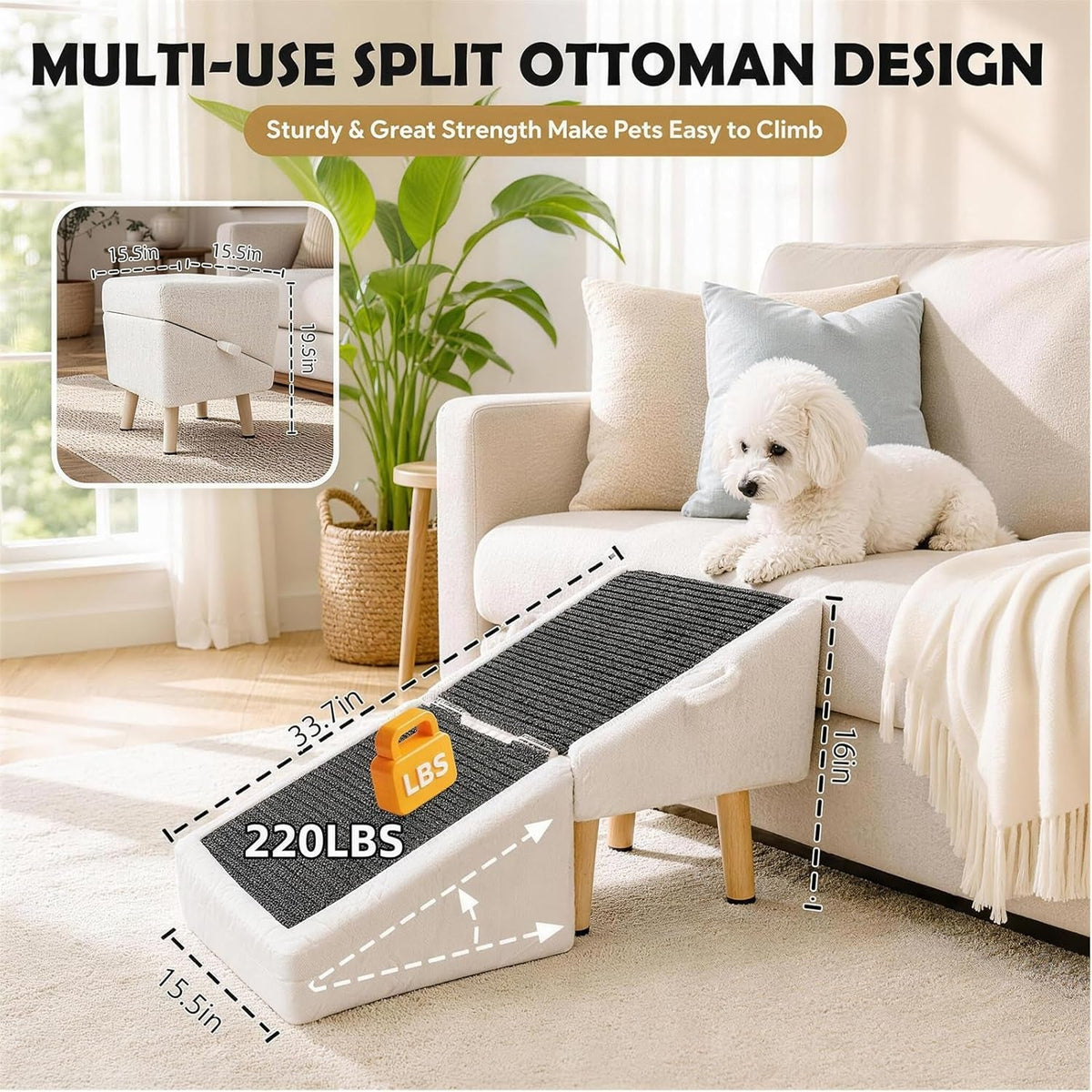 White foldable wooden dog ramp ottoman with dark non-slip tread and 16-inch height