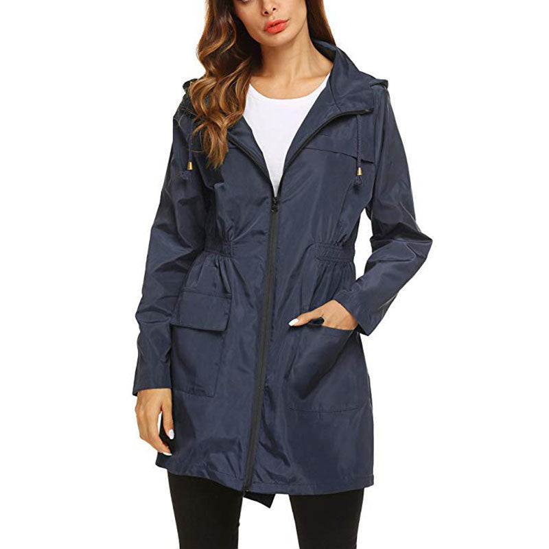 Women’s hooded waterproof raincoat, navy, zip front, drawstring waist, flap pockets
