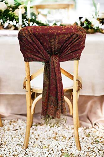 Burgundy paisley jacquard pashmina wrap with fringed ends, draped down front.