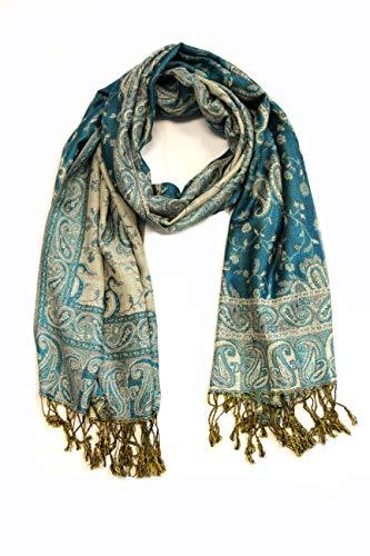 Teal paisley pashmina shawl with fringed edges, folded and centered