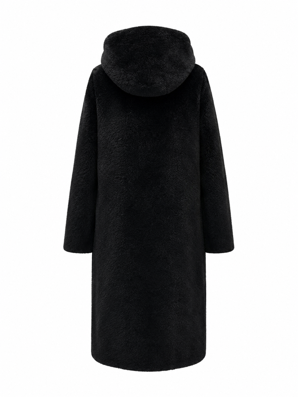 Black reversible faux fur hooded coat, back view, with full hood and zipper