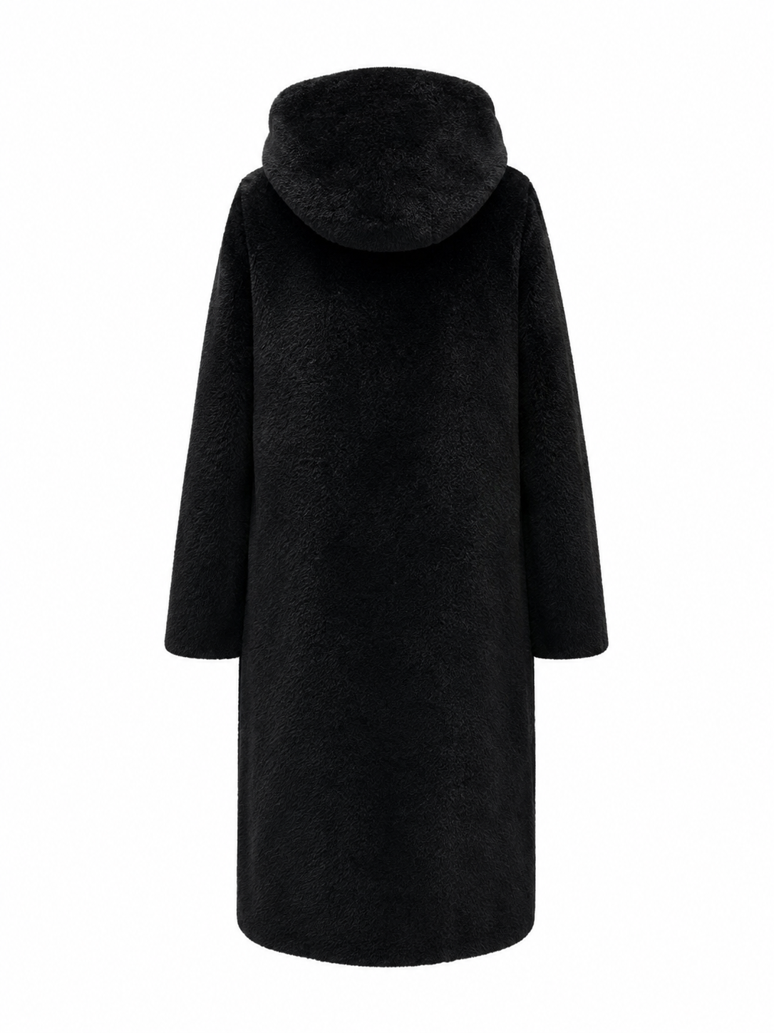 Black reversible faux fur hooded coat, back view, with full hood and zipper