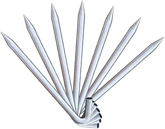 Steel tent stakes set, multiple galvanized metal stakes with pointed ends for ground anchoring.