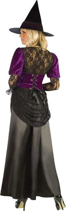 Witch costume set with pointed hat, purple velvet dress, black corset bodice, gloves