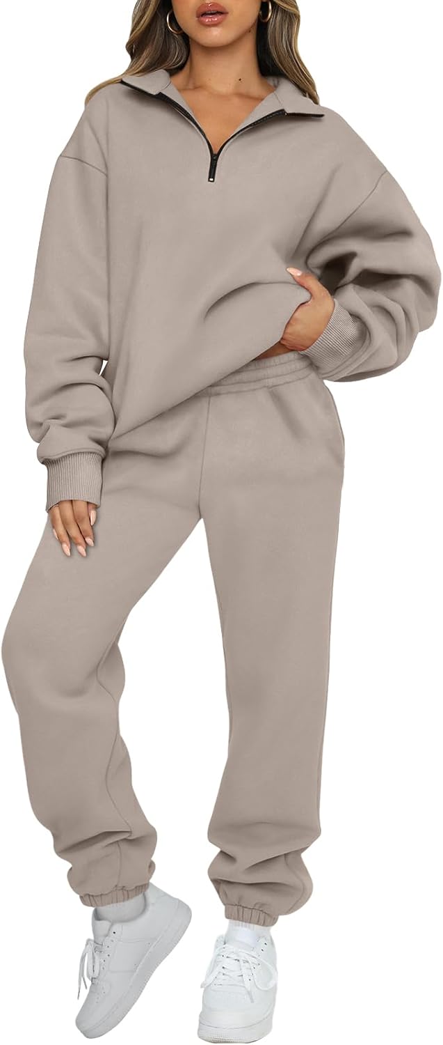 Women’s taupe half-zip pullover and jogger sweatpants lounge set