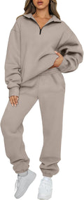 Women’s taupe half-zip pullover and jogger sweatpants lounge set, front close view
