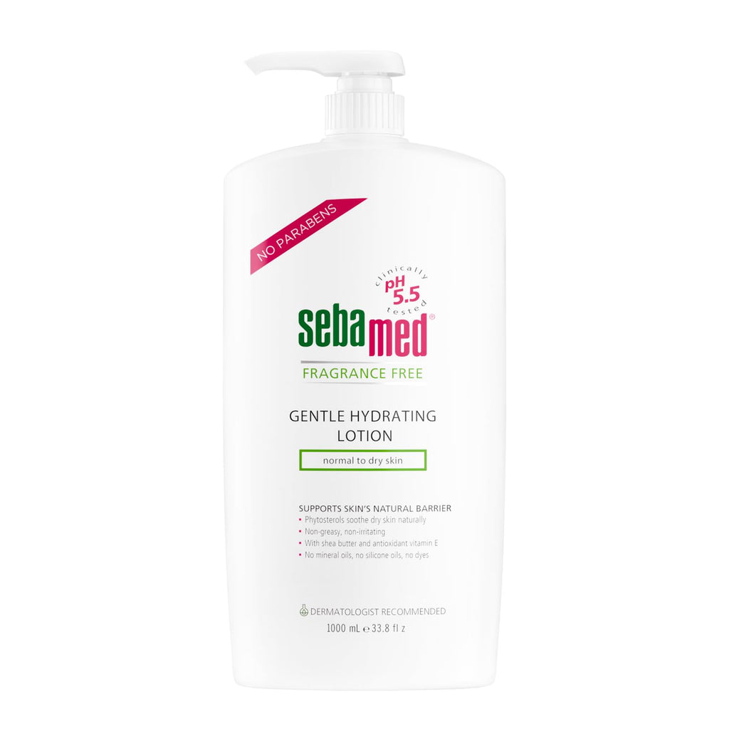 Sebamed SPF 50+ sun lotion pump bottle, fragrance-free gentle hydrating lotion
