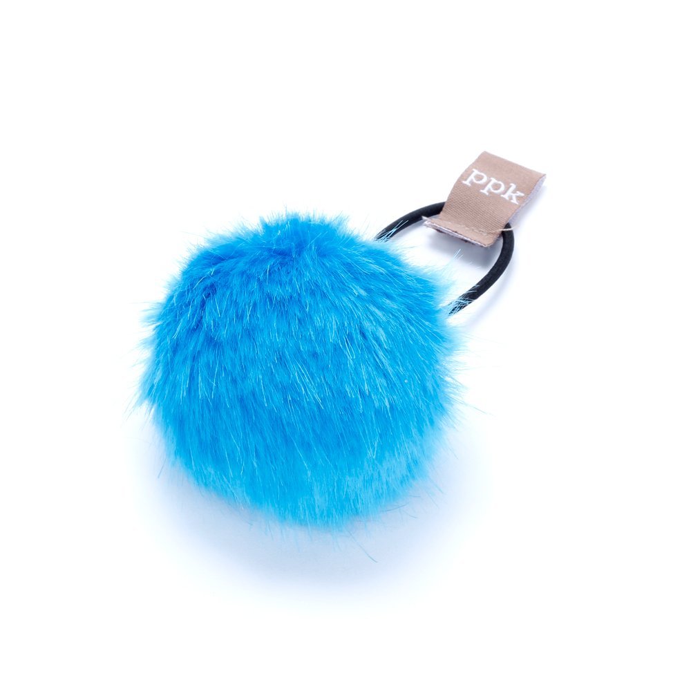 Girls faux fur ball ponytail hair tie, bright blue pom with elastic band and ppk tag