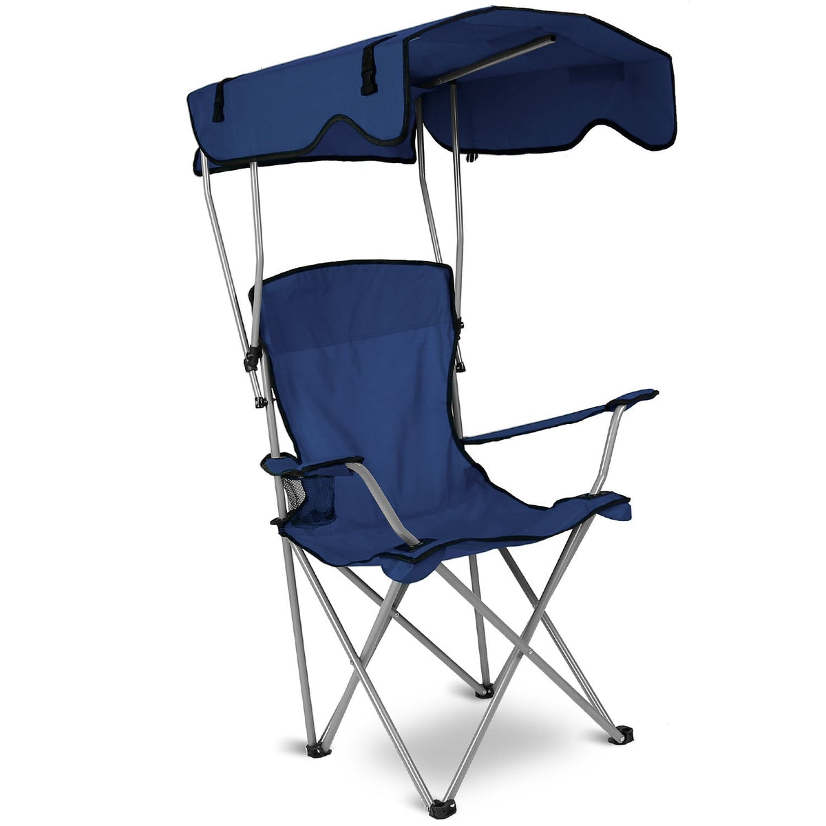 Folding blue canopy beach chair with steel frame, padded seat, and adjustable shade