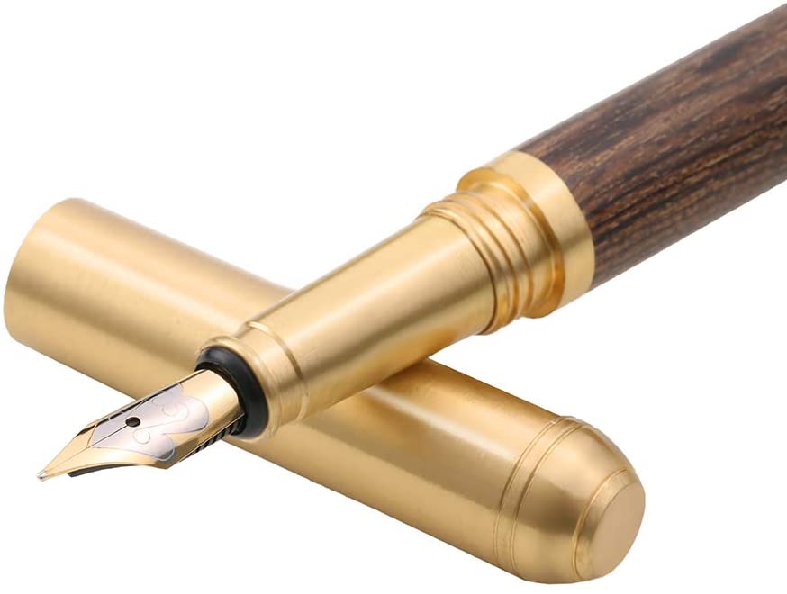Handmade fountain pen with dark wood barrel, gold nib, and brass accents