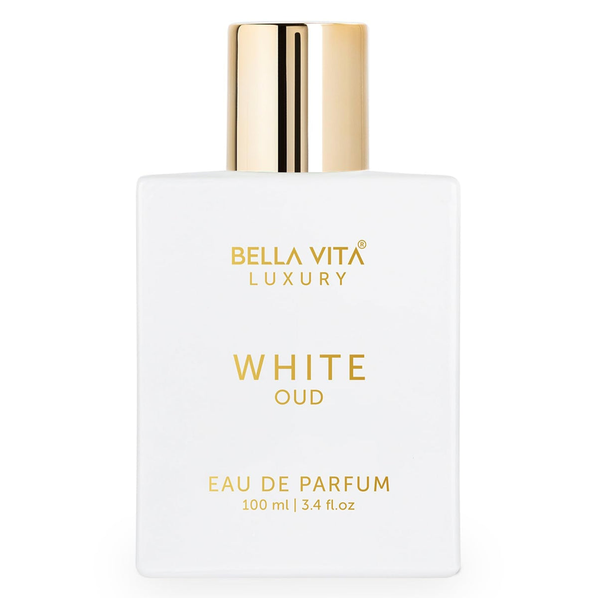 Bellavita Luxury eau de parfum bottle, white glass with gold cap