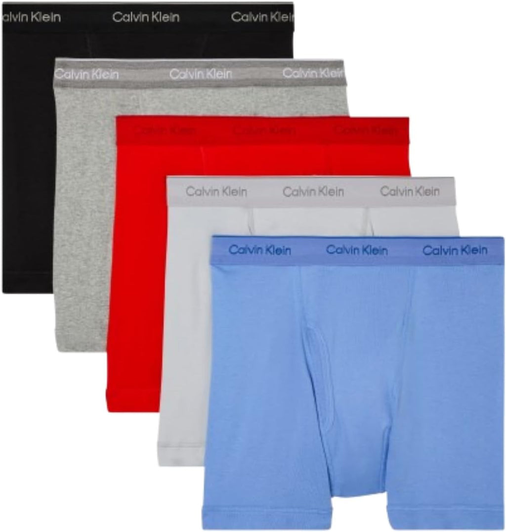 Calvin Klein men’s cotton boxer briefs 5-pack in red, gray, and blue with logo waistbands