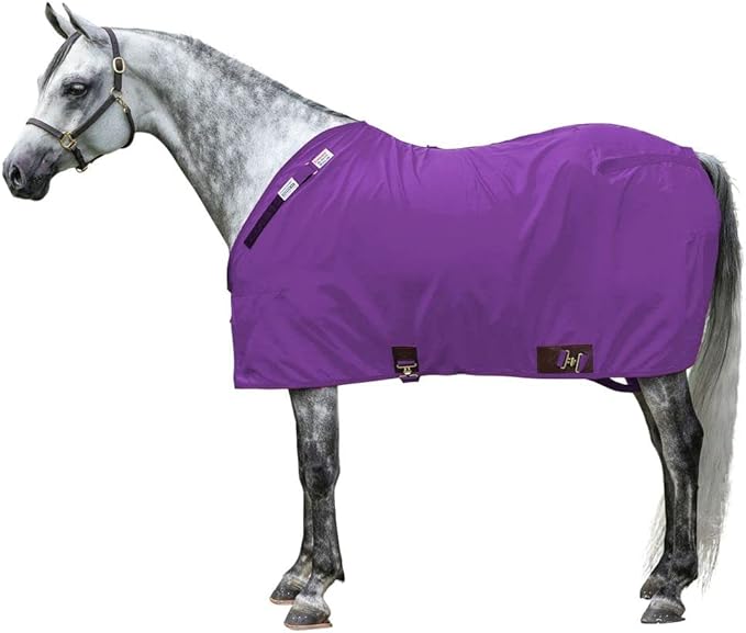 Purple horse stable sheet with front straps and leg straps