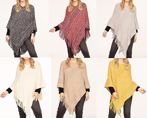 Women's striped V-neck fringe poncho sweater, shown in black, burgundy, cream, beige, and yellow