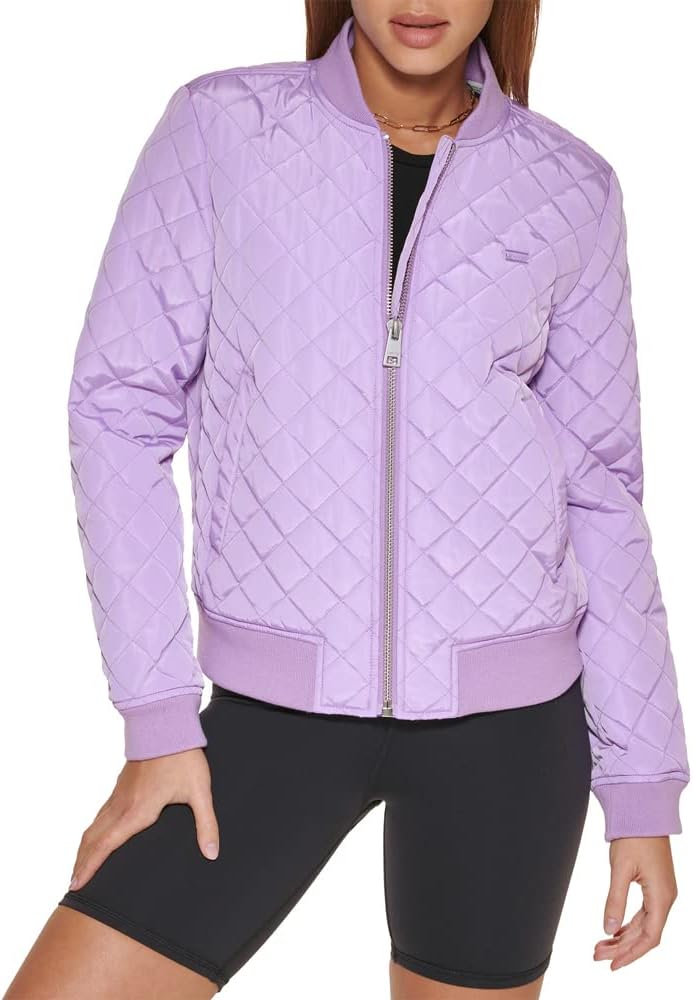 Quilted bomber jacket in lilac with front zipper, ribbed cuffs, and stand collar