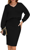 Black knit V-neck batwing top and bodycon midi skirt, two-piece sweater outfit.