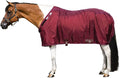 Maroon horse stable sheet with front closure and adjustable straps, full-body coverage.