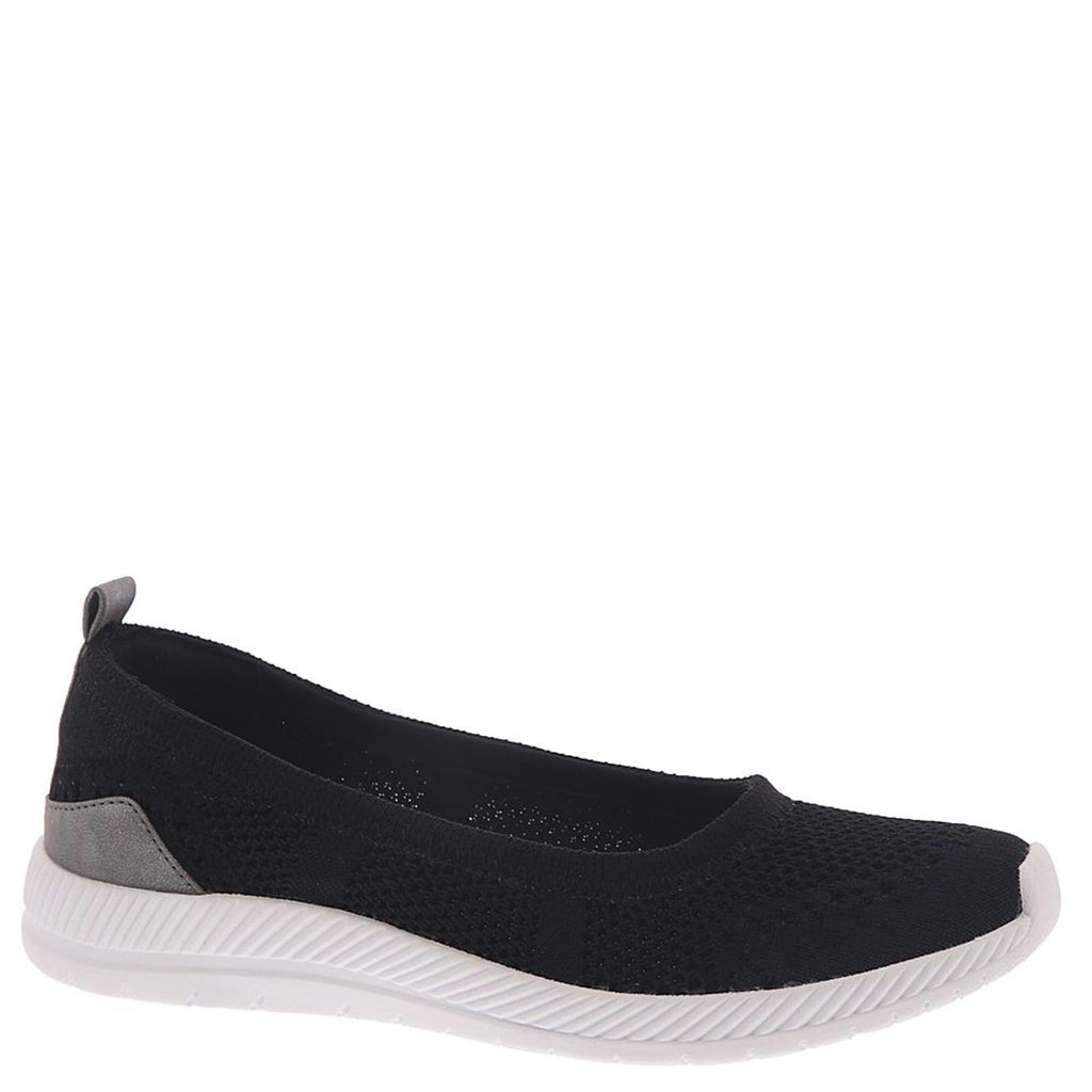 Women's slip-on sneaker, black upper with gray heel panel and white ridged midsole