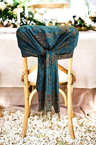 Teal paisley double-layer pashmina shawl with tassel fringe, chair-draped