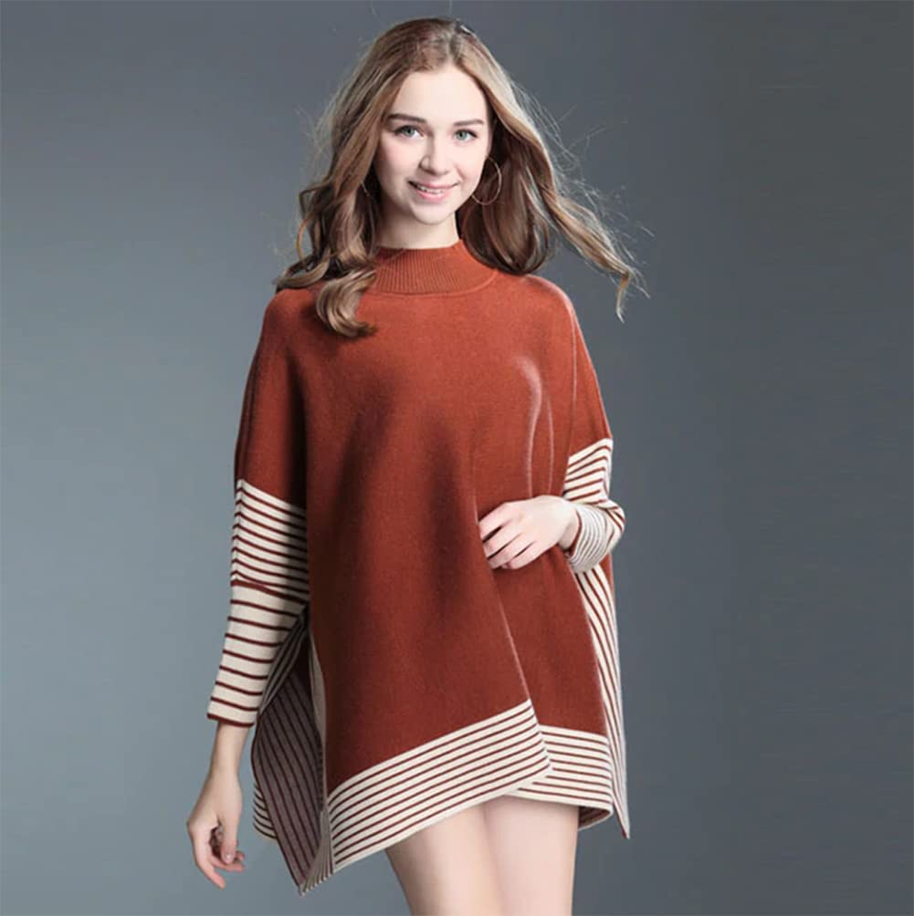 Brick striped knit poncho sweater with mock neck and batwing sleeves, draped hem