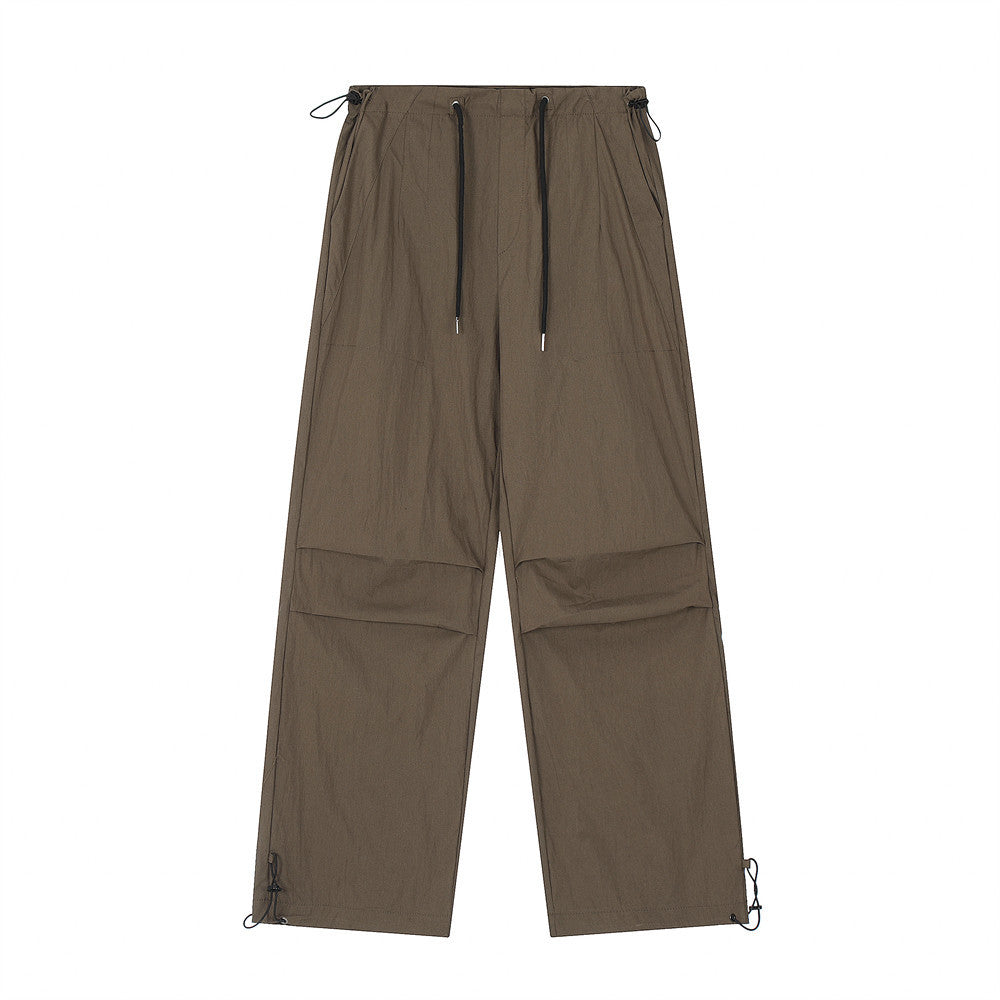 Men's drawstring cargo pants, coffee brown, relaxed straight legs with cuff drawcord