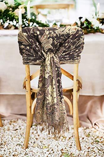 Dark brown paisley pashmina wrap with gold motifs and long fringed hem