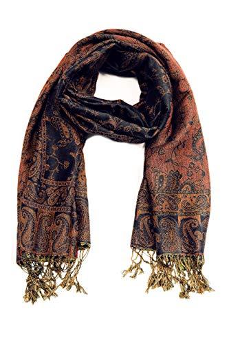Double-layer jacquard paisley pashmina shawl in dark navy with gold fringe detail
