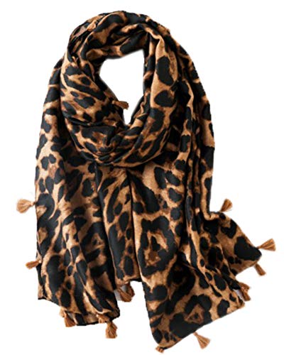 Leopard print lightweight scarf wrap with tassel trim, brown and black.