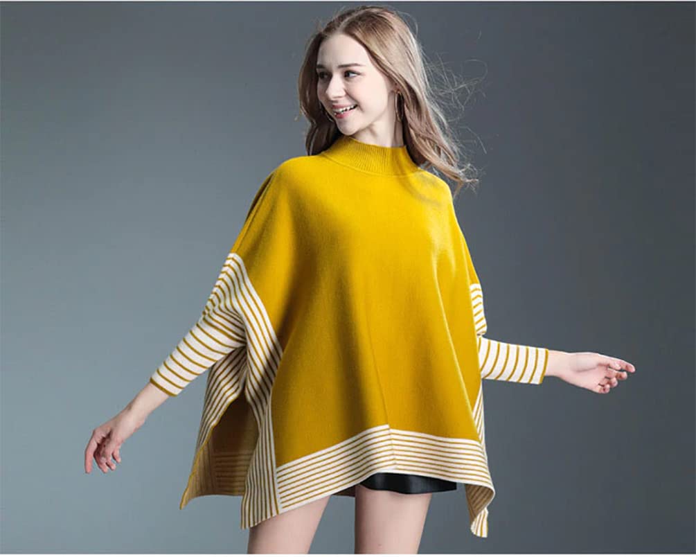Mustard yellow striped knit poncho with mock neck and batwing sleeves, flared sides